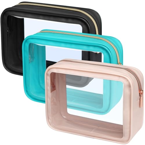 PACKISM Clear Makeup Bag - TSA Approved Toiletry Bag for Carry-on & Checked Luggage, Water Resistant Car Storage Organizer with Reinforced Seams - color: 3 Pack Black/Pink/Turquoise Green, size: TSA Specialist (3-Pack Medium - Soft)
