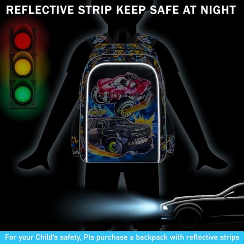 3Pcs Truck Backpack, 16" Boys Bookbag with Lunch Box, Kids School Backpacks Set for Elementary Preschool Kindergarten (Balck) - color: Truck Black