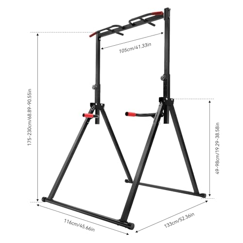Freestanding Pull Up Bar, Adjustable Height Dip Station, Carbon Steel Power Tower, Parallel Bars, 440lbs Capacity, PVC Grip, Foldable, for Home Gym, Calisthenics, Strength Training