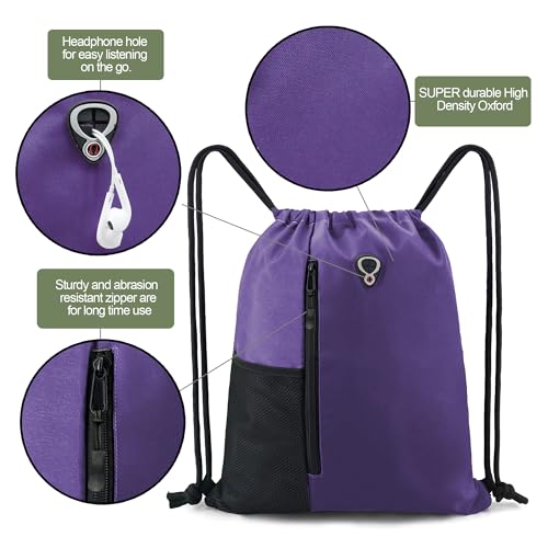 BeeGreen Dark Purple Drawstring Backpack Gym Bag For Men & Women – Sports Sackpack with Mesh Water Bottle Holder & 2 Zippered Pockets – Large 16x20 Inch Cinch String Backpack - color: Dark Purple, style: Drawstring With Mesh Pocket