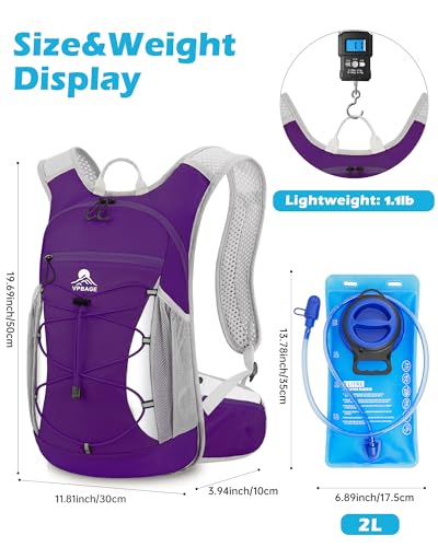 Hydration Backpack with 2L Water Bladder - Lightweight 15L Daypack with Phone-Sized Hip Belt Pockets, Anti-Chafe Cotton Edging & No-Bounce Straps - Small Water Backpack for Hiking, Running, Skiing - color: Purple