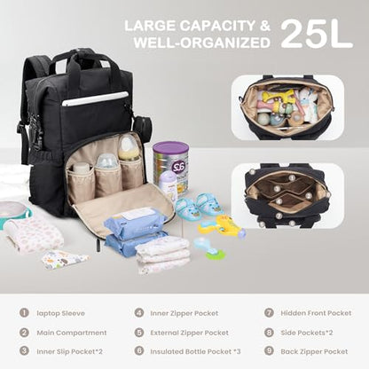 VONAL Diaper Bag Backpack, Lightweight Baby Diaper Bags, Travel Large Diaper Bag with Changing Station, Black Diaper Backpack for Boys Girls Newborn with Insulated Pockets, Stroller Straps - color: Black