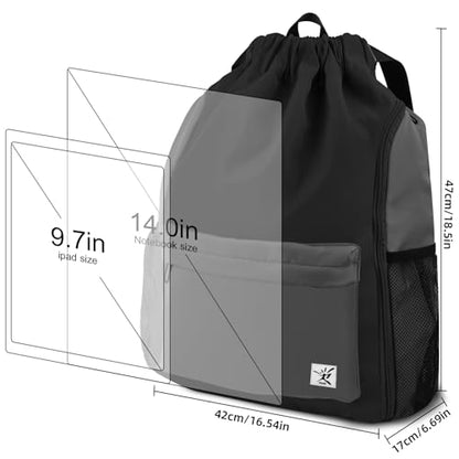 Drawstring Backpack with Mesh Pockets String Gym Bag Sackpack Sandproof Water Resistant Beach Backpack for Men Women - color: Black Gray
