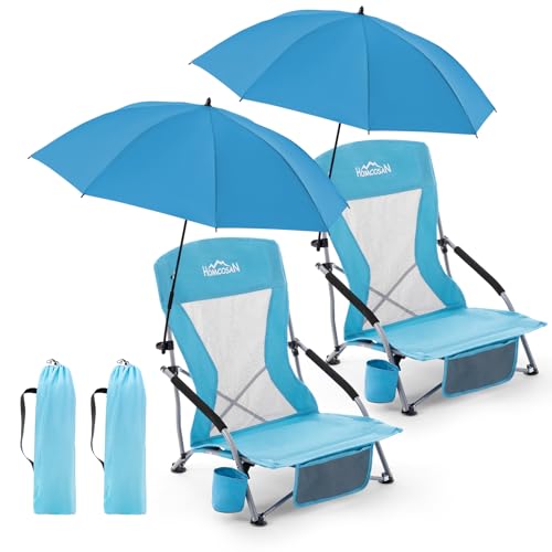Homcosan Portable Low Folding Beach Chairs Set of 2 with Detachable Umbrellas - Lightweight Camping Chairs for Adults with Cup Holder & Storage Pockets, Carry Bag Included (Blue) - color: Blue, size: 2 Packs, style: chair with umbrella