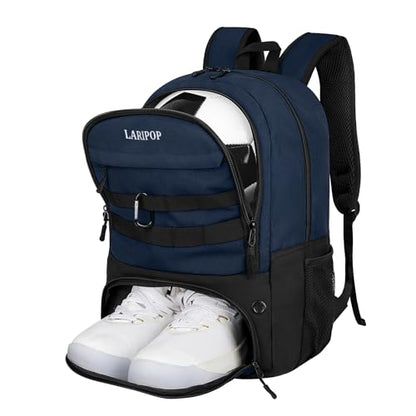 LARIPOP Soccer Backpack with Ball Holder & Shoe Compartment Large Capacity Sports Bag for Training - color: Dark Blue