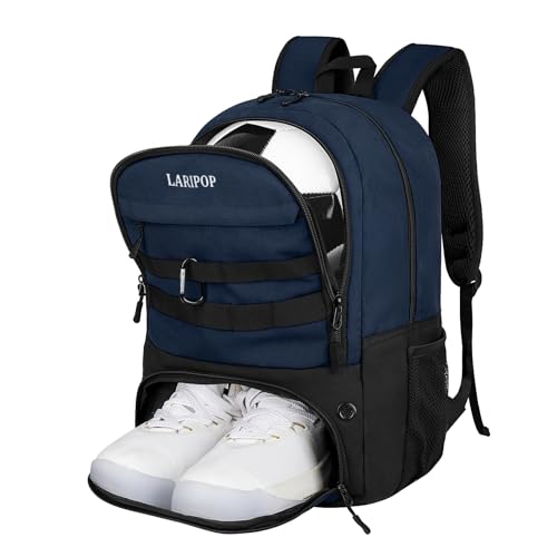 LARIPOP Soccer Backpack with Ball Holder & Shoe Compartment Large Capacity Sports Bag for Training - color: Dark Blue