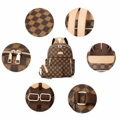 Makes Mini Backpack for Women, Stylish Daypack Purse Handbag Small Casual Daily Travel Bag, Lady Girls Gifts for Work School, 2pcs Sets - color: Checkered Coffee