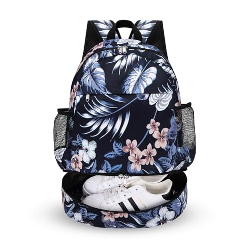 Dry Wet Gym Backpack with Shoe Compartment and Wet Pocket for Women Water Resistant Sports Bag for Swimming Beach Yoga Travel, Hibiscus M - color: Hibiscus, size: Medium