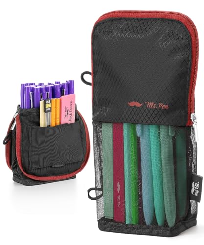 Mr. Pen- Standing Pencil Case Pouch, Sit & Lay Mesh-View Design, Black with Red Zipper, Interior Pocket & 2 Elastic Binder Loops, Cute Pencil Case for Girls and Boys - color: Black with Red Zipper