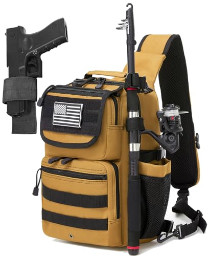 Tactical Sling Tackle Backpack Holster Fishing Crossbody Shoulder Strap Bag 15L Water Bottle Molle Accessories Pouch - color: Tan Brown