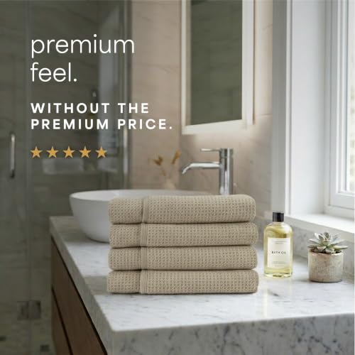 S&T INC. Aura Microfiber Waffle Bath Towels, 4 Pack, Quick-Dry, Ultra Absorbent, Lightweight Towels for Bathroom, 30 inches x 60 inches, 420GSM, Beige - color: Beige