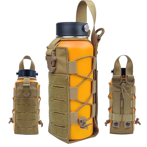 Molle Water Bottle Holder Tactical Pouches Adjustable 16-76 oz Enhanced Dual Pockets Multi Use for Outdoor Sports Fit for Backpack/Vest/Belt/Shoulder Strap (Black, Brown, Green) - color: Brown, style: 01-Basic