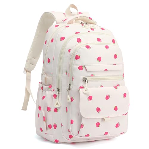 Phaoullzon Girls High Middle School Strawberry Backpack for Kids Kawaii Bookbag College Daypack,Strawberry - color: Beige Strawberry, size: Large (17.5 Inch)