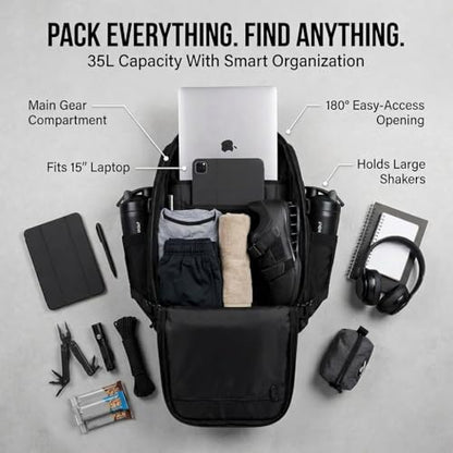 WOLFpak 35L Tactical Gym Backpack (Alpha Black White Accents) Durable 1000D Waterproof Oxford Material with MOLLE Webbing, Laptop Pocket & Dual Cup Holders, Durable Fitness/Travel/Military Daypack - color: Alpha Black White Accents