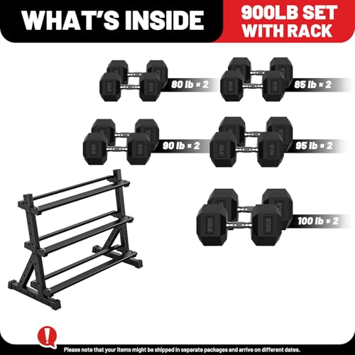 PAPABABE Hex Dumbbell Set with Rack, Rubber Encased Free Weight with Weight Storage Racks, Multiple Weight Options for Home Gym and Fitness - style: 900LB with 3-Tier Weight Rack