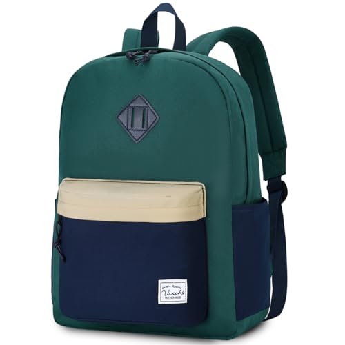 VASCHY Lightweight Backpack for School, Water Resistant Classic Bookbag with Side Pockets for Boys,Kids,Teens Green Blue - color: Forest Green & Deep Blue