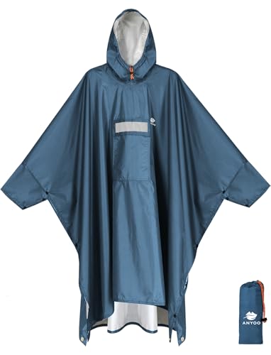 ANYOO Hooded Rain Poncho for Adults Waterproof Lightweight Rain Coat for Men Women Reusable Rain Jacket for Emergency Outdoor - color: Steelblue