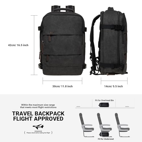 KAUKKO Canvas Travel Rucksack, Large Capacity Carry On Bag with Shoe Pouch and 15.6 inch Laptop Compartment, Flight Approved Outdoor 40L Luggage Weekender Bag, 12-BLACK - color: 12-black