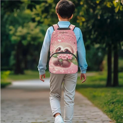 JEOCODY Cute Sloth Backpack for Girls Cherry Blossom Kids School Bag with Lunch Bag Pencil Case Water Bottle Holder,Childrens Backpack for Boys Casual Daypack for Travel Hiking Picnic - color: Cherry Blossom Sloth Printed