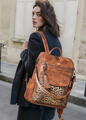Shrrie Laptop Backpack for Women 15.6 inch,Travel Leather Backpack Purse Nurse Teacher Carry on Backpack Computer Bag,Professional Water-Resistant College Business Work Casual Daypack,Two-tone Maroon - color: Brown With Leopard