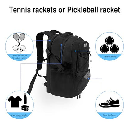 WOLT Tennis Bag - Large Tennis Racket Backpack for Men & Women - Ventilated Shoe Compartment - Holds 2 Rackets - color: Black