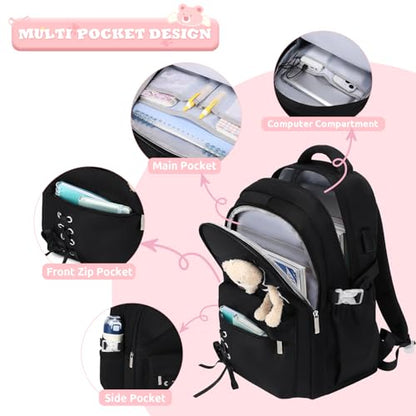 ACESAK School Backpack for Girls - 3 PCS Cute Girls Backpack with Lunch Box & Pencil Case - Kawaii Casual Kids Bookbag School Bag Daypacks Set for Elementary Middle High School Student Teens (Black) - color: Black