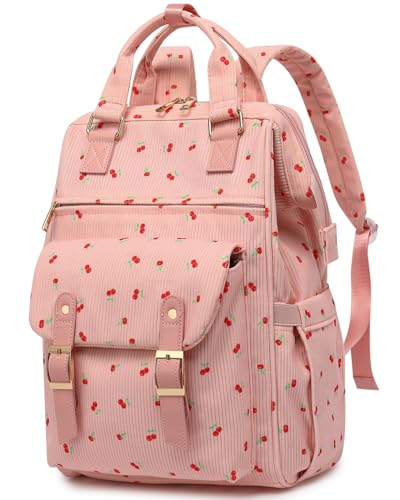 Laptop Backpacks for Women, Corduroy High School College Bookbag 15.6 Inch Laptop Bags for Girls Travel Daypack - Cherry Pink - color: Cherry Pink