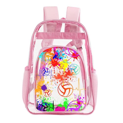 Volleyball Clear Backpack Heavy Duty for Girls Kids Boys Women | Large Cool PVC Volleyball Theme Printing Transparent Backpacks for Schools Stadium Concerts Work - Clear/Pink - color: Volleyball Clear Backpack 1 Pink With Front Pocket