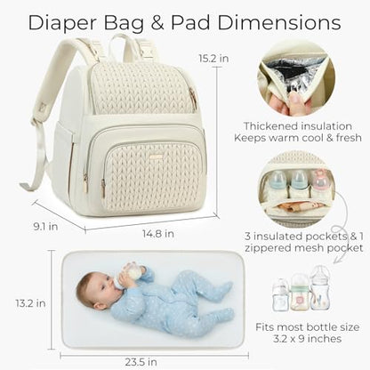MAPLELILY Large Diaper Bag Backpack, Stylish Baby Travel Diaper Bag, Beige | Waterproof lightweight maternity hospital backpack. With changing pad, stroller straps, insulated pocket. Mom, dad, toddler - color: Beige