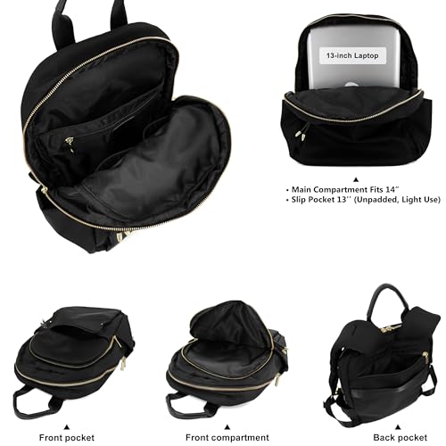 M-ioi-M Medium Backpack Purse for Women, Fashion Nylon Daypack with Gold Hardware, Lightweight Water-Resistant Rucksack for College, Work, Travel, Everyday Use, Fits 13–14" Laptop (Black, Medium) - color: Black,medium