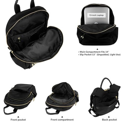 M-ioi-M Medium Backpack Purse for Women, Fashion Nylon Daypack with Gold Hardware, Lightweight Water-Resistant Rucksack for College, Work, Travel, Everyday Use, Fits 13–14" Laptop (Black, Medium) - color: Black,medium