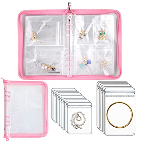 Travel Jewelry Organizer Transparent Jewelry Storage Book Set with Pocket Traveling Necklace Earring Organizer with Zipper for Ring, Bracelets, Stud (120 Grids +75 Thicken PVC Zipper Bags, Pink) - color: Pink - Complete Set (120 Grids + 75 Zipper Bags)