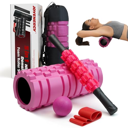 JOYENERGY 5 in 1 Foam Roller Set, Trigger Point Foam Roller Patented, Massage Stick, Massage Ball, Resistance Band for Deep Muscle Massage Pilates Yoga, Fitness Exercise for Whole Body - color: Rose Red