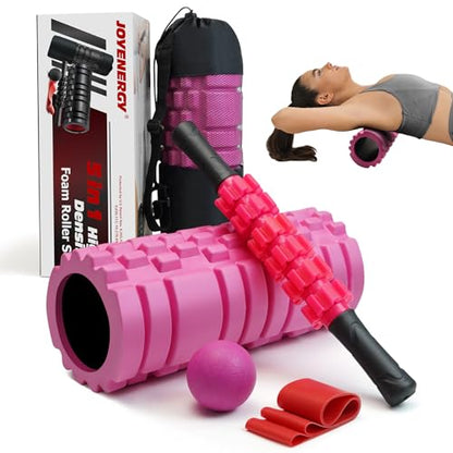 JOYENERGY 5 in 1 Foam Roller Set, Trigger Point Foam Roller Patented, Massage Stick, Massage Ball, Resistance Band for Deep Muscle Massage Pilates Yoga, Fitness Exercise for Whole Body - color: Rose Red