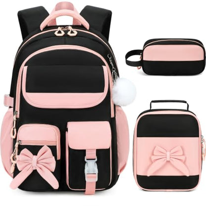 Kids Backpack for Girls, 3PCS School Backpack Set with Insulated Lunch Box & Pencil Case, Waterproof Lightweight Bookbag for Elementary & Middle School, Cute Bow Travel Daypack Black-Pink - color: Black-pink