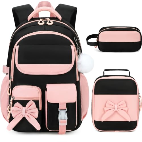 Kids Backpack for Girls, 3PCS School Backpack Set with Insulated Lunch Box & Pencil Case, Waterproof Lightweight Bookbag for Elementary & Middle School, Cute Bow Travel Daypack Black-Pink - color: Black-pink