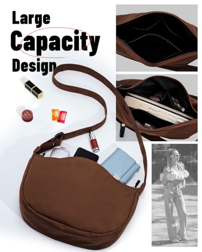 Crossbody Crescent Bag for Women Men Trendy, Crescent Sling Bag with Adjustable Strap, 2 Zippers Lightweight - color: Dark Brown