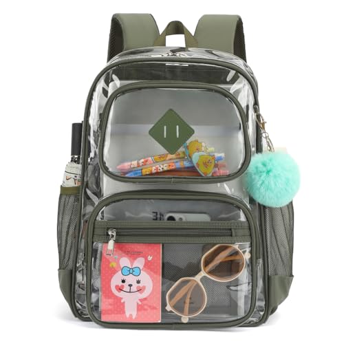 Heavy Duty Clear Backpack for Girls Boys Transparent School Bookbag Kids Durable PVC See Through Backpack-Army Green - color: Army Green