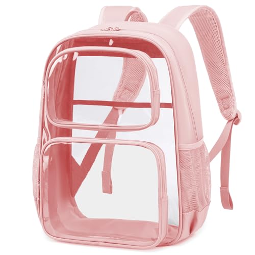 Sisipoet Clear Backpack for School, Heavy Duty Clear Bookbag for Girls Wome Large Transparent Backpack with Oxford Fabric Side Panels 17 Inch, Pink - color: Pink