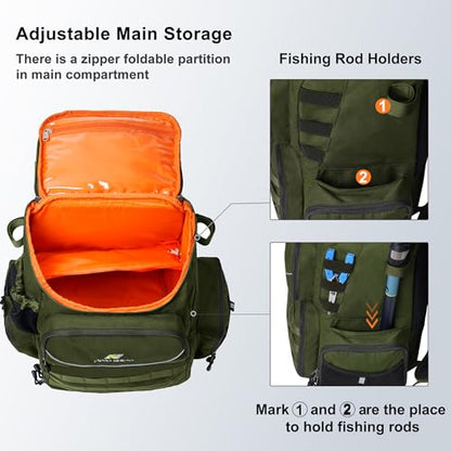 N NEVO RHINO Fishing Tackle Backpack with Rod Holders, 40L Large Fishing Bag with Waterproof Rain Cover,Outdoor Tackle Bag - color: Army Green Pack with 4 Trays, size: Pack with 4 Trays