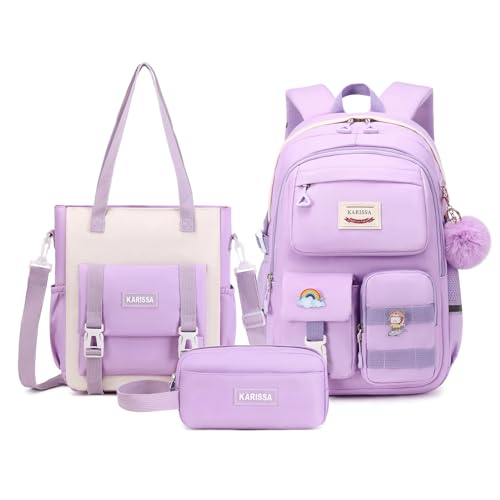MUSEVOS Kawaii Girls Backpack for School with Convertible Shoulder Tote Bag，Cute Teenage Multiple Pockets Backpack for Primary Elementary High School, Purple 3 Pcs Set - color: 3pcs Set-purple