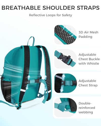 ECOHUB 15L Ultra-Lightweight Packable Backpack, Casual Daypack for Daily Use, Small Hiking & Travel, Foldable Backpack, Water-Resistant Nylon, Reflective Design - color: Pacific Teal