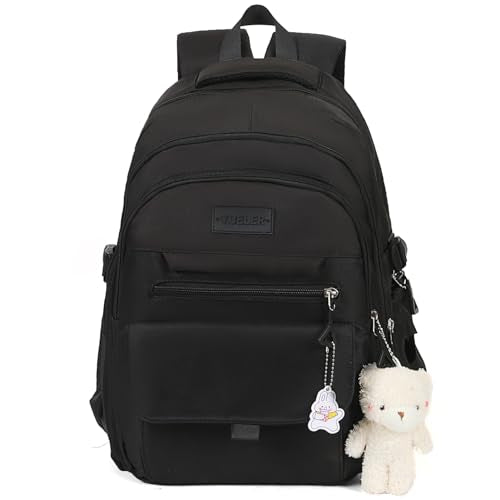 PRLINJSK Girls Backpack for College High Middle School Student, Cute Aesthetic Bookbag for Teens Women with Accessories,Black - color: Black, size: 17.5 Inch