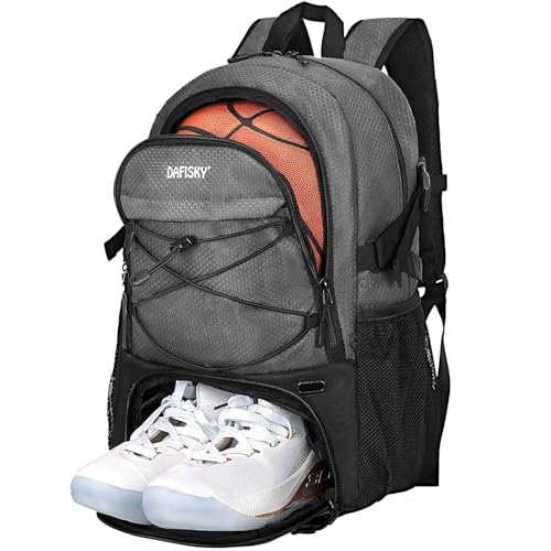 DAFISKY Basketball Backpack Sports Bag | Basketball Bag with Shoe Compartment and Ball Holder, 30L Large gym bag for boys girls - color: Grey