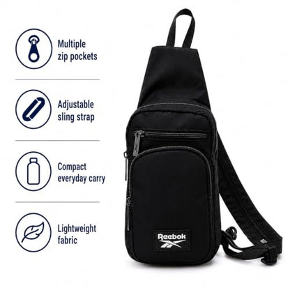 Reebok Unisex Crossbody Bag - Convertible Compact Durable Cross Body Bag for Women and Men - Gym and Travel Essentials, Size One Size, Cosmos Black With White Logo - color: Cosmos Black With White Logo