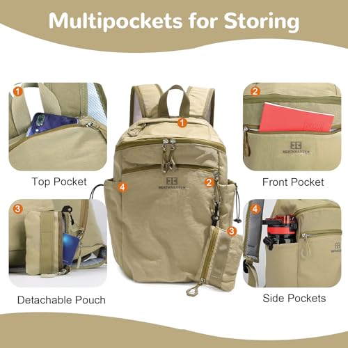 13L Mini Hiking Backpack for Women, Small Lightweight Travel Backpack with Detachable Pouch, Padded Cute Casual Daypack for Outdoor Daily, Khaki
