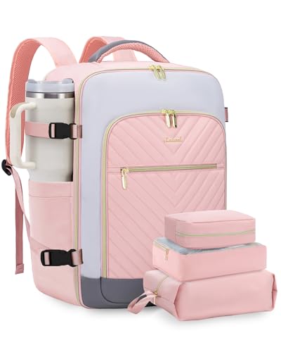 LOVEVOOK Large Travel Backpack for Women, TSA Carry on Backpack for Airplanes, 40L Personal Item Travel Bag for Women fits 17" Laptop,Waterproof Carry on Bag Airplane Approved with 3 Packing Cubes - color: Pink - Pale Grey - Dark Grey, size: 40L-4Pcs
