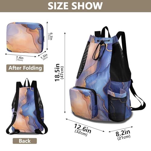Drawstring Gym Bags For Men Women Pool Bag With Pockets Cinch Bags Waterproof Marble Royal Blue Peach - color: Color 11