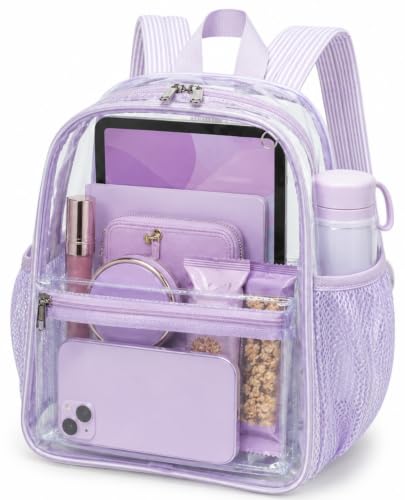 BTOOP Clear Mini Backpack for Stadium Events 12x12x6 Small Transparent Backpack See Through Clear Bag for Concerts Work (Purple-Strips, 12'' H-Mini) - color: Purple-strips, size: 12'' H-Mini