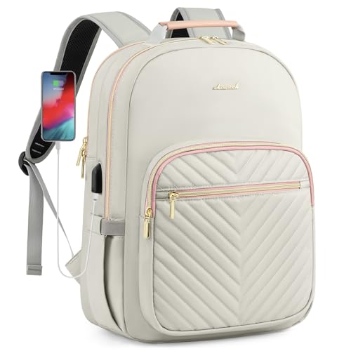 LOVEVOOK Laptop Backpack Purse for Women, Work Travel Computer Bags, College School Backpack for Student Girl, Quilted Casual Daypack with USB Port, Fit 15.6 Inch Laptop, Grey Pink - color: Grey Pink, size: 15.6-Inch